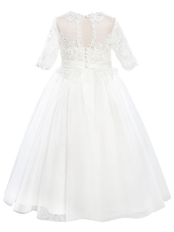Robes cortège enfant robe cérémonie fille col rond manche courte en dentelle