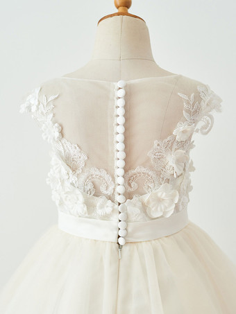 Robe de fille de fleur champagne en tulle col rond en dentelle boutonné sur dos robe cortège enfant