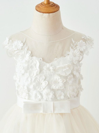 Robe de fille de fleur champagne en tulle col rond en dentelle boutonné sur dos robe cortège enfant