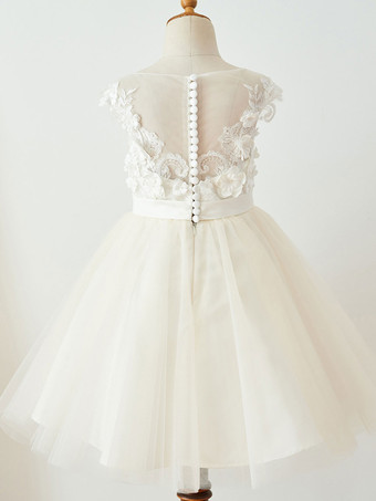 Robe de fille de fleur champagne en tulle col rond en dentelle boutonné sur dos robe cortège enfant