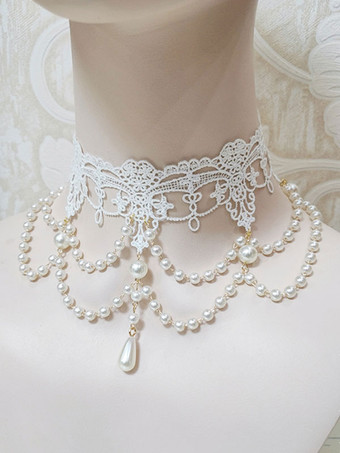 ロリータネックレスパールロリータウェディングドレスポリコットンブレンド ホワイト