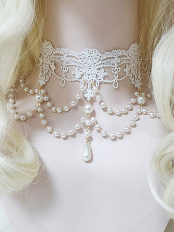 ロリータネックレスパールロリータウェディングドレスポリコットンブレンド ホワイト