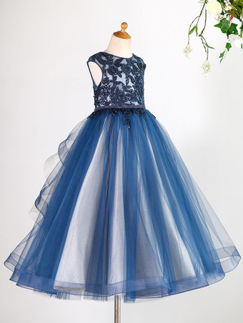 Blumenmädchen Kleider Prinzessin Dunkelmarineblau Abendkleider für Hochzeit bodenlang mit Rundkragen Tüll ärmellos kleid blumenmädchen