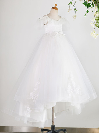 Blumenmädchen Kleider Prinzessin milchweiß Abendkleider für Hochzeit mit Schleppe V-Ausschnitt Hochzeit Tüll Kurzarm kleid blumenmädchen 15cm