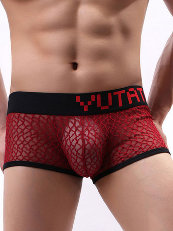 ワインレッド メンズセクシーパンティーボクサーポリエステルブラックセミシアーメンズランジェリー