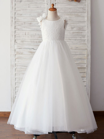 Robe cortège enfant col rond brodé dos en V décoré des fleurs jupe en tulle longeur à la cheville Robe fille de fleur