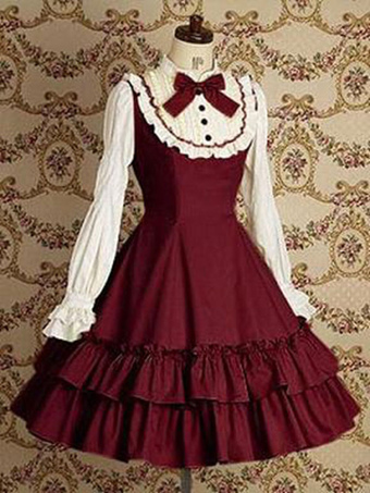 Classic Lolita OP Dress Bows Apricot Long Sleeves Lolita One Piece Dresses