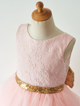 結婚式 子供ドレス フラワーガール 子供用フォーマルドレス ラウンドネック ウェディングパーティードレス レース ノースリーブ ピンク プリンセスライン キッズ フォーマル 発表会 ひざ丈 ウェディング ファスナー リボン