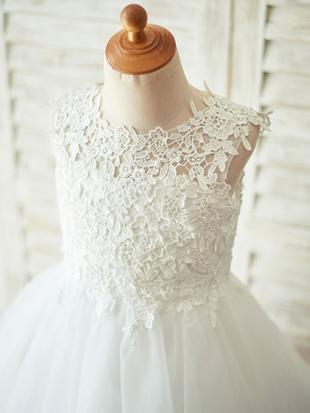 Robes cortège enfant col rond en dentelle jupe en tulle Robe fille de fleur