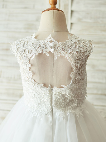 Robes cortège enfant col rond en dentelle jupe en tulle Robe fille de fleur