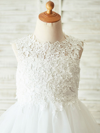 Robes cortège enfant col rond en dentelle jupe en tulle Robe fille de fleur