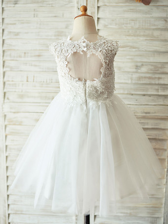 Robes cortège enfant col rond en dentelle jupe en tulle Robe fille de fleur