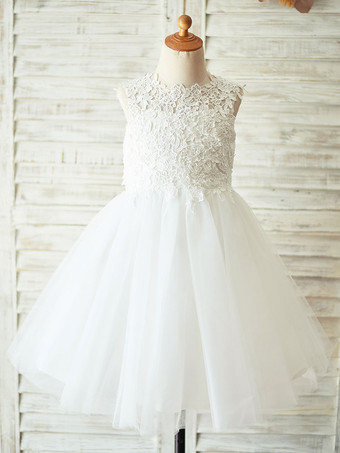 BeigeRobes cortège enfant col rond en dentelle jupe en tulle Robe fille de fleur
