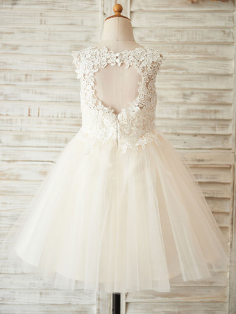 Robes cortège enfant col rond en dentelle jupe en tulle Robe fille de fleur