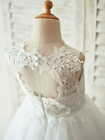 Robes cortège enfant col rond en dentelle jupe en tulle Robe fille de fleur