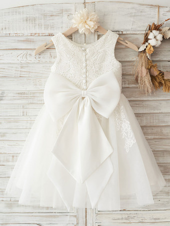 Robe fille de fleur ivoire en tulle col rond en dentelle boutonné sur dos avec noeud robe cortège enfant