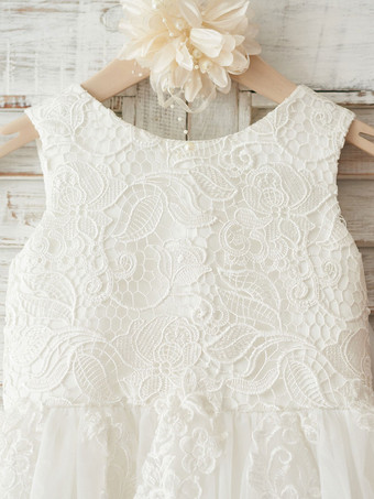 Robe fille de fleur ivoire en tulle col rond en dentelle boutonné sur dos avec noeud robe cortège enfant
