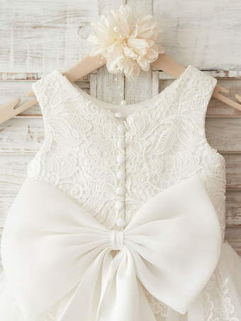 Robe fille de fleur ivoire en tulle col rond en dentelle boutonné sur dos avec noeud robe cortège enfant