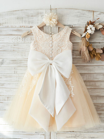 Robe fille de fleur ivoire en tulle col rond en dentelle boutonné sur dos avec noeud robe cortège enfant