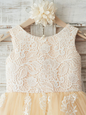 Robe fille de fleur ivoire en tulle col rond en dentelle boutonné sur dos avec noeud robe cortège enfant