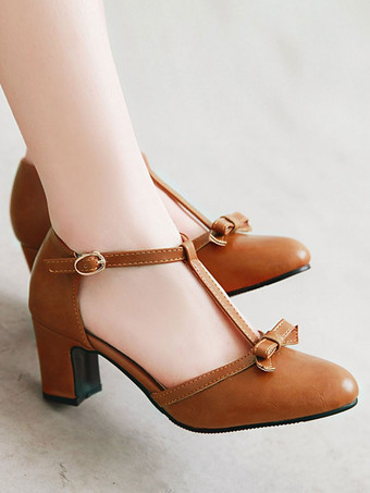 レディース ミッドローヒール レトロ チャンキーヒール T型 バンデージ おしゃれ ヒール ヴィンテージ シューズ