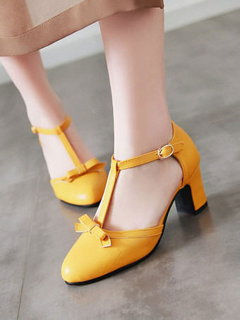 レディース ミッドローヒール レトロ チャンキーヒール T型 バンデージ おしゃれ ヒール ヴィンテージ シューズ