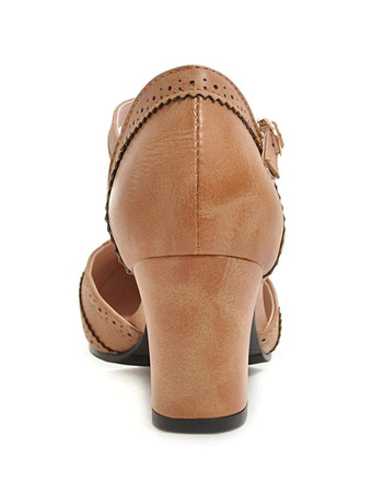 パンプス アーモンドトゥ ミッドローヒールシューズ チャンキーヒール 6.5cm ディープブラウン シューズ PU ディストレスト T-タイプのバンデージ レトロシューズ カジュアル レディース靴