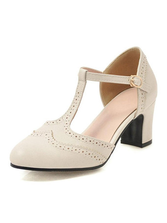 アイボリー パンプス アーモンドトゥ ミッドローヒールシューズ チャンキーヒール 6.5cm ディープブラウン シューズ PU ディストレスト T-タイプのバンデージ レトロシューズ カジュアル レディース靴