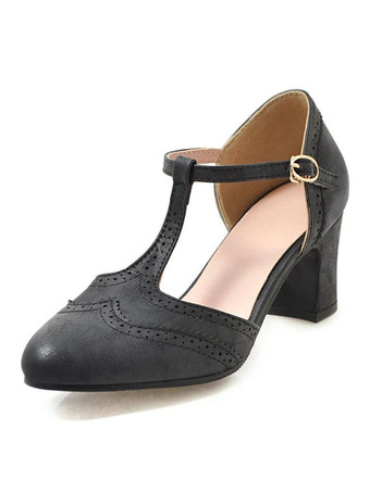 ブラック パンプス アーモンドトゥ ミッドローヒールシューズ チャンキーヒール 6.5cm ディープブラウン シューズ PU ディストレスト T-タイプのバンデージ レトロシューズ カジュアル レディース靴