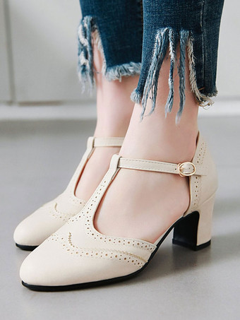 パンプス アーモンドトゥ ミッドローヒールシューズ チャンキーヒール 6.5cm ディープブラウン シューズ PU ディストレスト T-タイプのバンデージ レトロシューズ カジュアル レディース靴