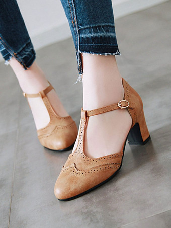 パンプス アーモンドトゥ ミッドローヒールシューズ チャンキーヒール 6.5cm ディープブラウン シューズ PU ディストレスト T-タイプのバンデージ レトロシューズ カジュアル レディース靴