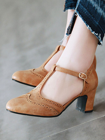 パンプス アーモンドトゥ ミッドローヒールシューズ チャンキーヒール 6.5cm ディープブラウン シューズ PU ディストレスト T-タイプのバンデージ レトロシューズ カジュアル レディース靴