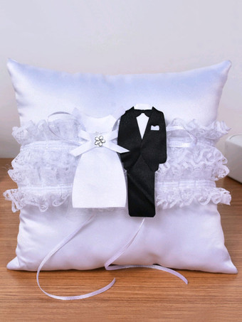 リングベアラー枕サテン生地ホワイトレースリハーサルディナーウェディング枕