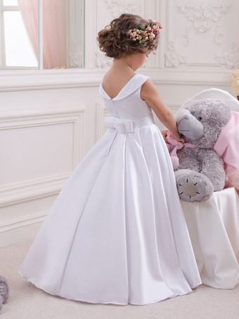 Robes cortège enfant col bateau en satin sans manches longueur au sol Robe de fille de fleur