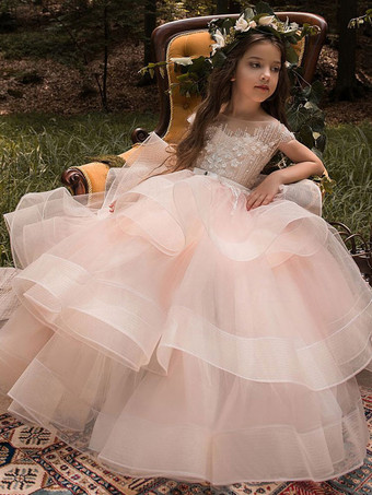Robe cortège enfant robe princesse rose en tulle col rond en dentelle structurée Robe fille de fleur