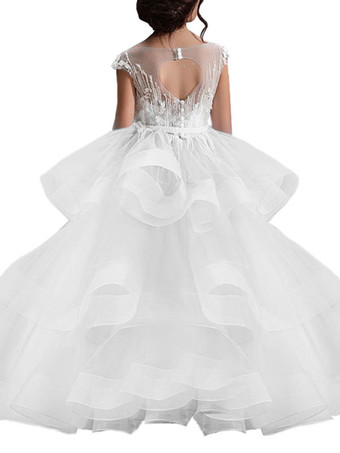 Blanc Robe cortège enfant robe princesse rose en tulle col rond en dentelle structurée Robe fille de fleur