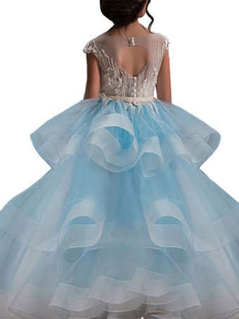 Bleu ClairRobe cortège enfant robe princesse rose en tulle col rond en dentelle structurée Robe fille de fleur