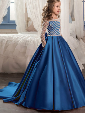 ダズリンブルー結婚式 子供ドレス フラワーガール 子供用フォーマルドレス ラウンドネック ウェディングパーティードレス レース 長袖 ピンク プリンセスライン キッズ フォーマル 発表会 トレーン付き ウェディング くるみボタン リボン