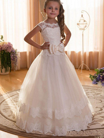 Blumenmädchen Kleider Weiß Abendkleider für Hochzeit Tüll Kurzarm Prinzessin Hochzeit mit Rundkragen kleid blumenmädchen bodenlang und Schnürung