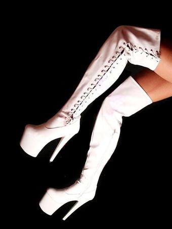 Pole Dance Shoes Sexy High Heel Boots Round Toe Lace Up Zipper