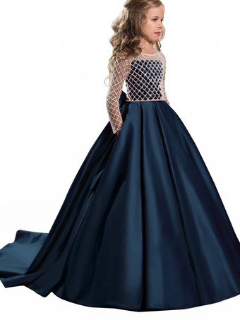 インクブルー結婚式 子供ドレス フラワーガール 子供用フォーマルドレス ラウンドネック ウェディングパーティードレス レース 長袖 ピンク プリンセスライン キッズ フォーマル 発表会 トレーン付き ウェディング くるみボタン リボン