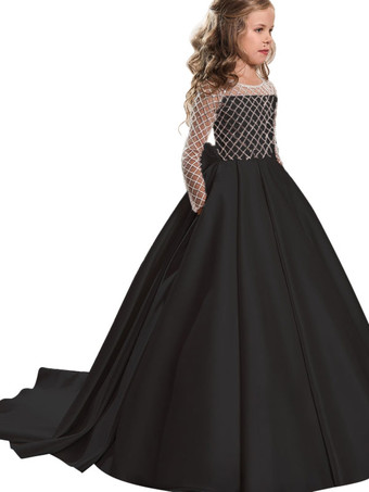 ブラック結婚式 子供ドレス フラワーガール 子供用フォーマルドレス ラウンドネック ウェディングパーティードレス レース 長袖 ピンク プリンセスライン キッズ フォーマル 発表会 トレーン付き ウェディング くるみボタン リボン