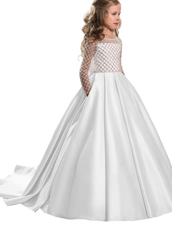 ホワイト結婚式 子供ドレス フラワーガール 子供用フォーマルドレス ラウンドネック ウェディングパーティードレス レース 長袖 ピンク プリンセスライン キッズ フォーマル 発表会 トレーン付き ウェディング くるみボタン リボン