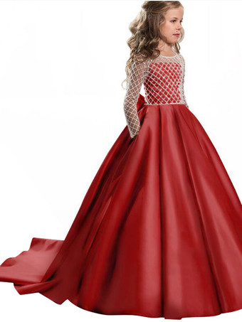 エンバーレッド結婚式 子供ドレス フラワーガール 子供用フォーマルドレス ラウンドネック ウェディングパーティードレス レース 長袖 ピンク プリンセスライン キッズ フォーマル 発表会 トレーン付き ウェディング くるみボタン リボン