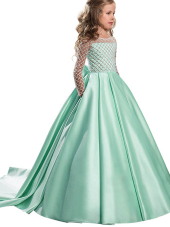 ミントグリーン結婚式 子供ドレス フラワーガール 子供用フォーマルドレス ラウンドネック ウェディングパーティードレス レース 長袖 ピンク プリンセスライン キッズ フォーマル 発表会 トレーン付き ウェディング くるみボタン リボン