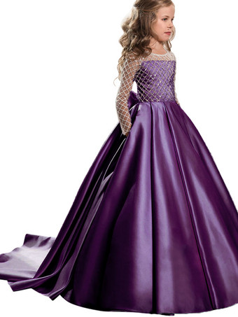 プラム結婚式 子供ドレス フラワーガール 子供用フォーマルドレス ラウンドネック ウェディングパーティードレス レース 長袖 ピンク プリンセスライン キッズ フォーマル 発表会 トレーン付き ウェディング くるみボタン リボン