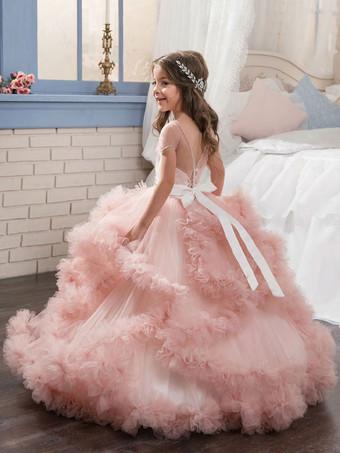 Robe de fille de fleur rose en tulle a volants au sol robe cortege enfant robe ceremonie fille