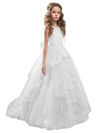 ホワイト結婚式 子供ドレス フラワーガール 子供用フォーマルドレス ラウンドネック ウェディングパーティードレス レース ノースリーブ ピンク プリンセスライン キッズ フォーマル 発表会 トレーン付き ウェディング ファスナー リボン