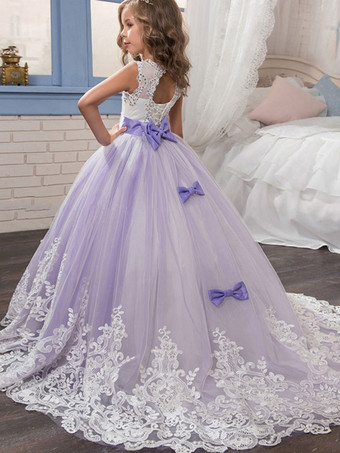 Blumenmädchen Kleider Prinzessin Lavendel Abendkleider für Hochzeit Mit Schleppe mit Rundkragen Hochzeit Tüll ärmellos kleid blumenmädchen