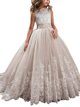 シャンパン結婚式 子供ドレス フラワーガール 子供用フォーマルドレス ラウンドネック ウェディングパーティードレス レース ノースリーブ ラベンダー プリンセスライン キッズ フォーマル 発表会 トレーン付き ウェディング レースアップ リボン